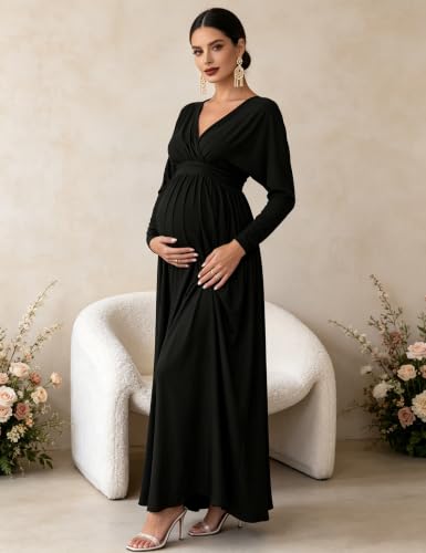 Maternity Long Sleeve V Neck Maxi Dress Tie Waist Flowy Maxi Gown - color: Black, size: X-Large