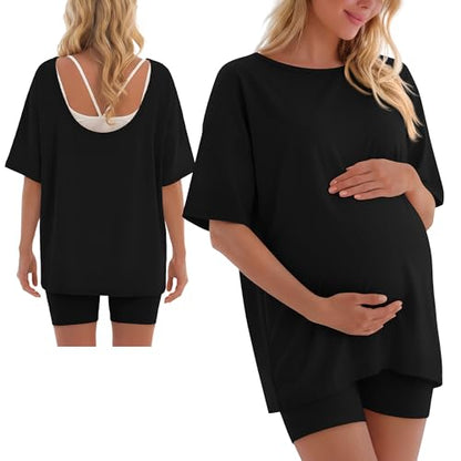 2 Piece Women Maternity Set Pregnancy Outfit - color: Black, size: Large