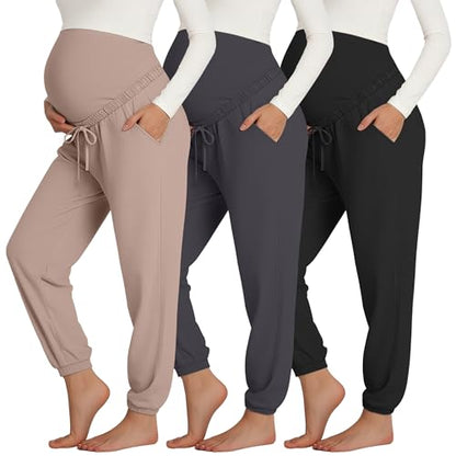 3 Pack Womens Maternity Pants Pregnancy Lounge Jogger - color: Khaki, Cement Gray, Black, size: Small