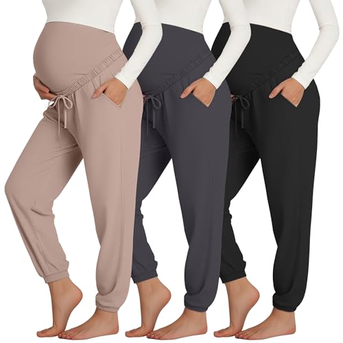 3 Pack Womens Maternity Pants Pregnancy Lounge Jogger - color: Khaki, Cement Gray, Black, size: Medium