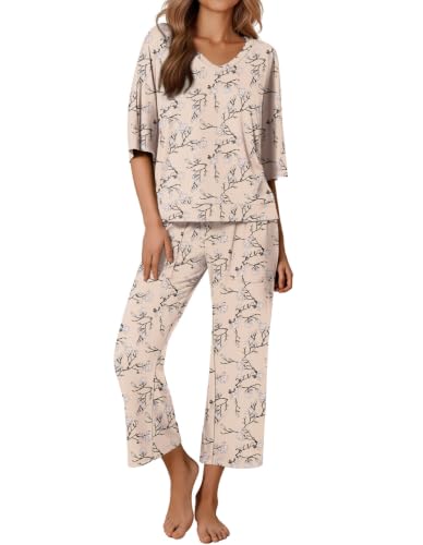 Ekouaer Lounge Sets for Women Comfy Pajamas Set 2 Piece Outfits - color: Beige Magnolia Floral, size: XX-Large
