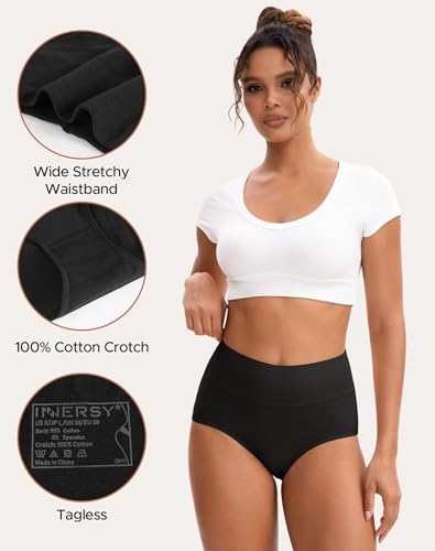 INNERSY Women's High Waisted Underwear Cotton Panties Regular & Plus Size 5-Pack - color: Solid Black, size: 5X-Large