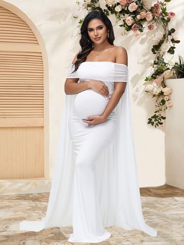 Maternity Mesh Off Shoulder Chiffon Cloak Maxi Photoshoot Dress - color: White, size: Medium