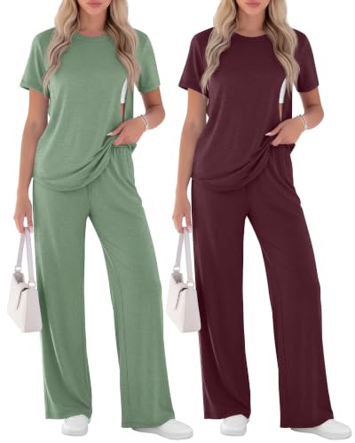 Ficerd 2 Pack Maternity Nursing Pajama Breastfeeding Sets Pjs - color: Sage Green, Wine Red, size: Large