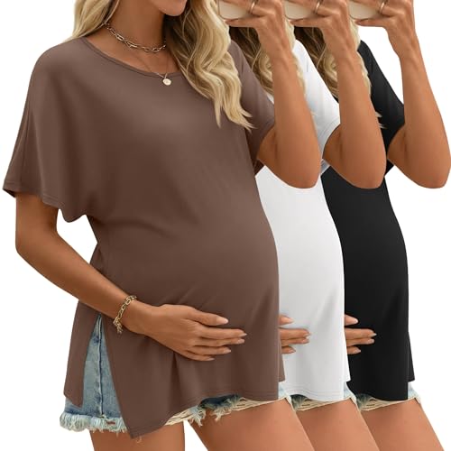 Riyiper 3 Pack Women's Maternity Tunic Cotton Shirts - color: Brown, White, Black, size: Large