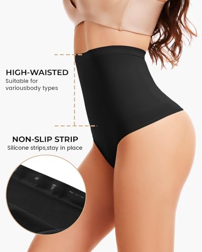 Seamless High Waisted Tummy Control Shapewear Thong - color: 2pack-black, size: Large