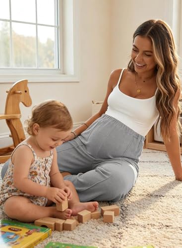 BLENCOT Women's Maternity Pants Work Adjustable Waisted Wide Leg Waffle Knit Trousers Pregnancy Clothes with Pockets - color: Grey, size: Small