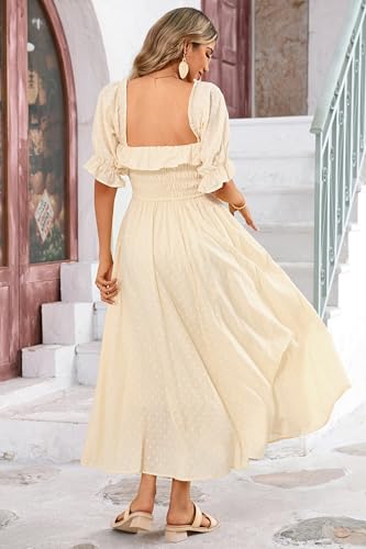 R.Vivimos Women Summer Cotton A Line Flowy Long Dresses - color: Beige#2, size: Medium