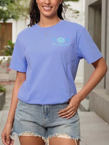 Maternity Nursing Shirt Breastfeeding Top with Zip Nursing T-Shirt Short Sleeve Maternity Clothes Causal - color: Lavender Blue, size: Medium