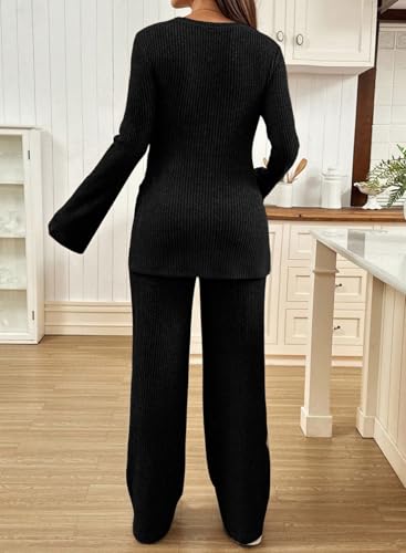 BLENCOT Maternity 2 Piece Outfits Ribbed Knit Long Sleeve Sets - color: Black, size: Medium