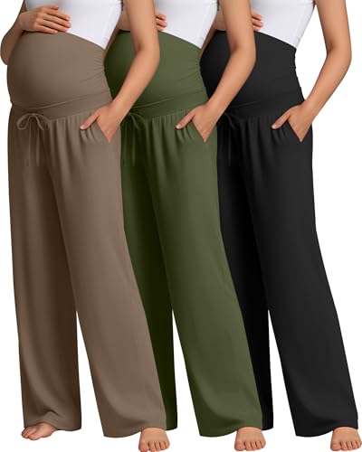 Oakgarden 3 Pack Women's Maternity Pants Over Belly - color: Black, Army Green, Coffee, size: Medium
