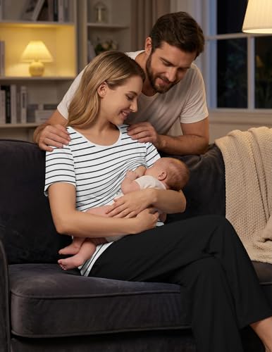 Ekouaer 3 Pack Postpartum Nursing Pajamas Breastfeeding Maternity Clothes - color: Black White Stripes, size: Medium