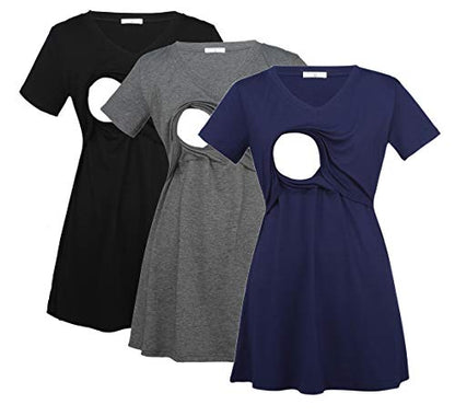 Bearsland Womens 3 Packs V Neck Nursing Tops Maternity Breastfeeding Tee Shirts - color: Black+gray+blue（3pcs）, size: Medium