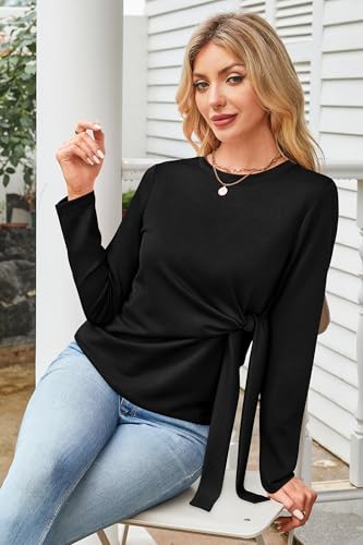 OUGES Women's Bow Tie Waist Maternity Shirts Long Sleeve Pregnancy Tops Crew Neck Fall Winter Elegant Business Blouse - color: Black, size: Small
