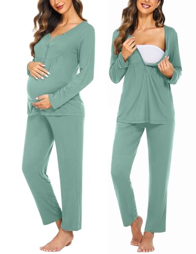 Ekouaer Maternity Nursing Pajama Set Long Sleeve Postpartum Pjs Mom Clothes - color: Aqua, size: XX-Large