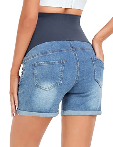 HOFISH Maternity Denim Jeans Shorts, Over-Belly Pregnancy, Super Stretchy - color: Light Blue, size: Medium