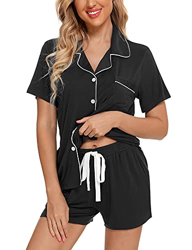 Samring Womens Pajamas Set Short Sleeve Button Down Sleepwear 2 Piece Pjs - color: Black, size: Large