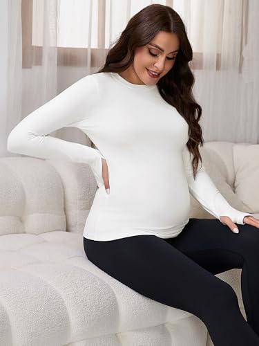 Women Maternity Stretchy Fitted Crew Neck Long Workout Tops - color: White, size: Small
