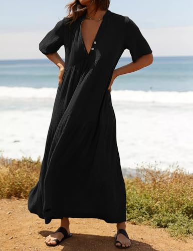 R.Vivimos Womens Summer Cotton Casual Flowy Maxi Dress - color: Black, size: X-Large