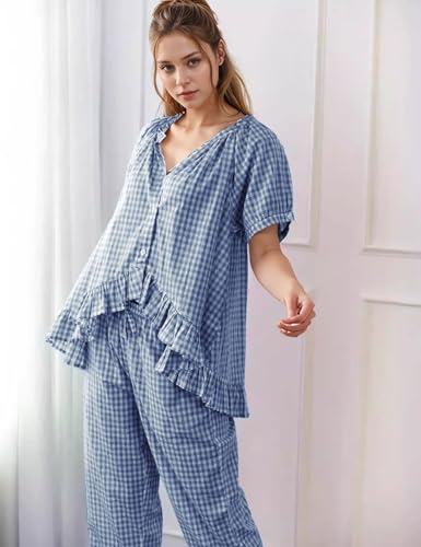 Flygo Women's Cotton Gingham Pajama Set 2 Piece Ruffle Lounge Sleepwear - color: Navy, size: Medium