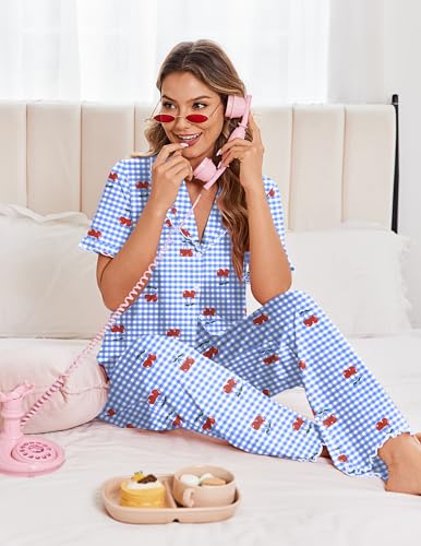 Ekouaer Womens Pajama Sets Short Sleeve Printed PJs Button Down Sleepwear - color: Cherry Small Grid, size: Small