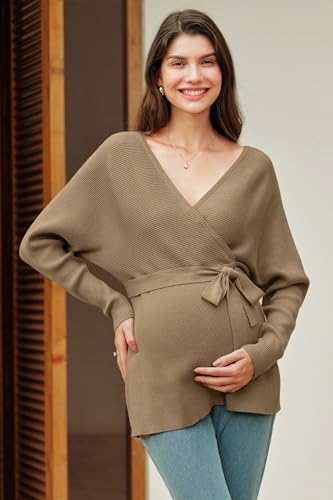 OUGES Womens Soft Cotton Blend Maternity Sweater Wrap V Neck Long Sleeve V Back Fall Shirts Pregnancy Outfits with Belt - color: Coffee, size: XX-Large