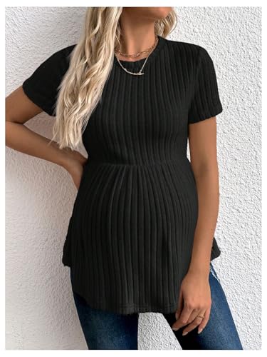 RoseSeek Women's Ribbed Knit Maternity T Shirt Short Sleeve Peplum Tops - color: Black, size: Medium