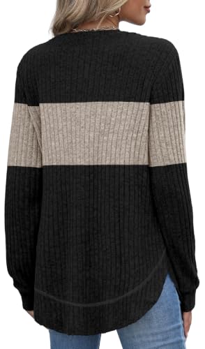 OFEEFAN Womens Sweaters Crew Neck Tunic Tops Long Sleeve Shirts Curved Hem - color: Black Beige, size: Small