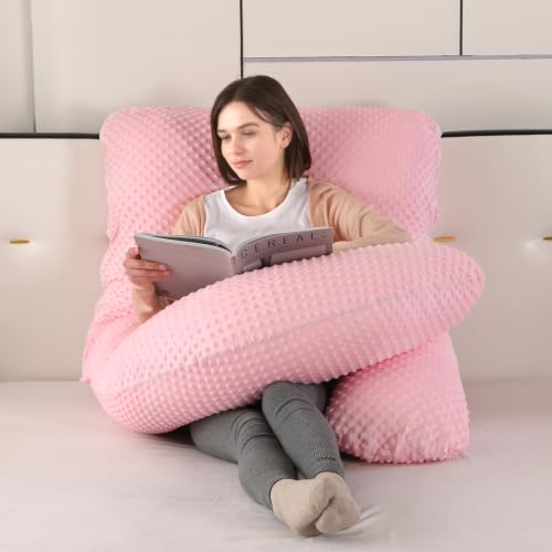 Elover U Shaped Pregnancy Pillow,Full Body Maternity Support - color: Minky Dot Velvet-pink