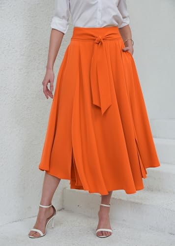 chouyatou Women's Elegant High Waisted Side Slit Irregular Bohemian Maxi Skirt with Pockets - color: Orange, size: X-Small