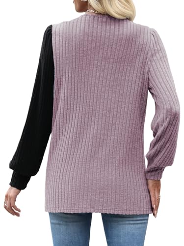 MixShe Womens Knit Sweaters 2026 Fall Winter Casual Long Sleeve Ribbed Colorblock Button Pullover Tops - color: Grey Pink, size: X-Large