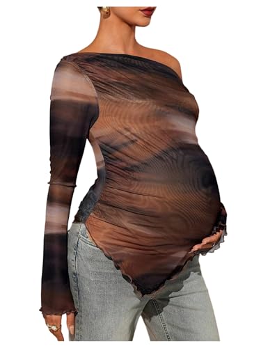 MakeMeChic Women's Maternity Clothes Fall Tie Dye Asymmetrical Blouse Tops - color: Brown, size: Large