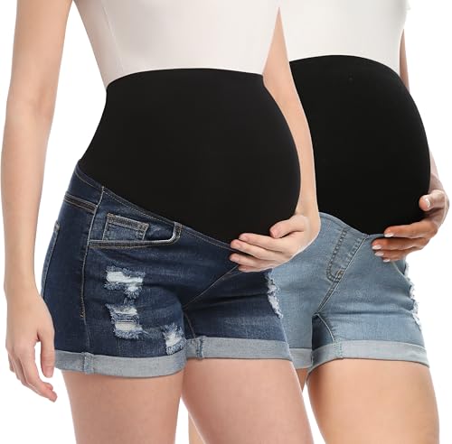 Maternity Denim Shorts High Waist - color: 2 Pack Dark Blue+light Blue, size: X-Large