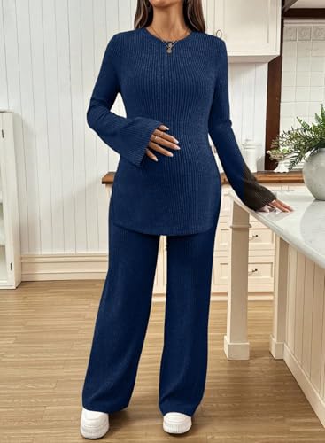 BLENCOT Maternity 2 Piece Outfits Ribbed Knit Long Sleeve Sets - color: Dark Blue, size: Medium