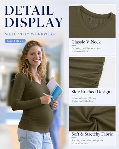 Neer 4 Pack Maternity Long Sleeve V Neck Under Scrub Tops - color: Black, White, Dark Gray, Army Green, size: Medium
