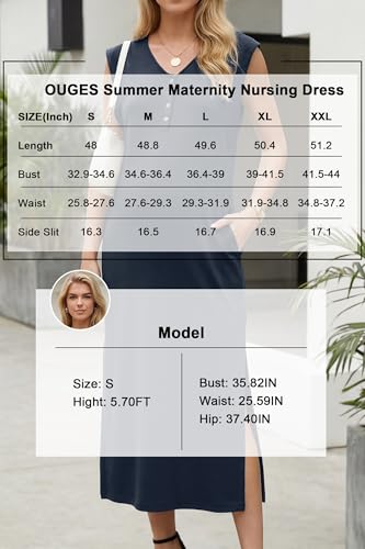 OUGES Women's Anti-Wrinkle Airy Layer Summer Maternity Dress V Neck Split Midi Nursing Dresses with Pockets 2026 - color: Navy, size: X-Large