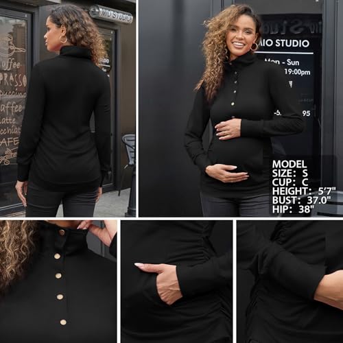 Bhome Maternity Shirt Casual Long Sleeve Half Button Front Lightweight Sweatshirts Slim Fit Pullover Tops with Pockets - color: Black, size: Medium