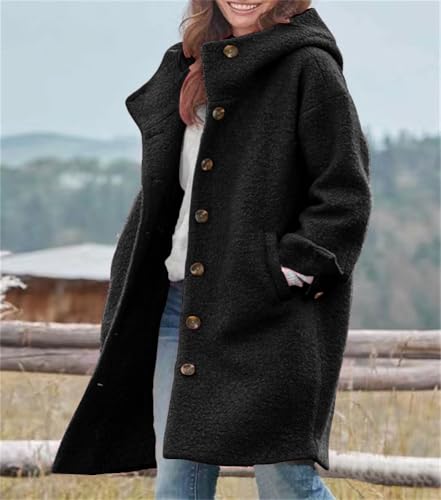 chouyatou Women's Winter Single Breasted Long Wool Coat with Hood Casual Wool Blend Trench Coat Jacket - color: Black, size: Medium