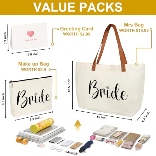 Bride Gifts Canvas Tote Bag with Makeup Bag,Bride to Be,Bridal Shower Gift - color: White-bride