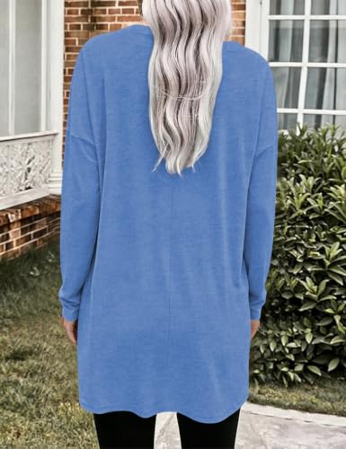 Poetsky Womens Tunic Tops for Leggings with Pockets Side Buttons Batwing Long Sleeve Casual Long Tee Shrits Fall Clothes - color: Navy Blue, size: Small