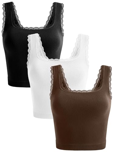 OLCHEE Womens 3 Pack Crop Tank Tops Square Neck Lace Trim Trendy Cami - color: Lace: Black + White + Brown, size: Medium