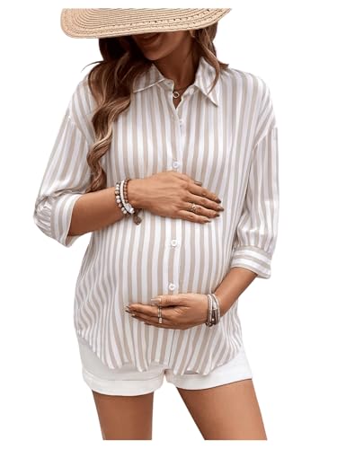 MakeMeChic Women's Maternity Shirts Blouses Striped Button Down 3/4 Sleeve Pregnancy Nursing Top - size: XX-Large