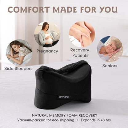 Black Knee Pillow for Side Sleepers - Memory Foam Between Leg Pillows for Sciatica Pain Relief, Hip/Leg/Ankle Support with Non-slip Strap, Spine Alignment for Pregnancy, Post-Surgery Recovery