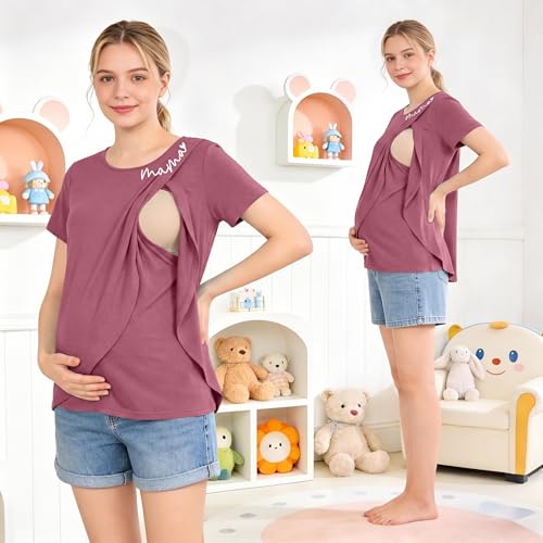 Nursing Breastfeeding Shirt for Women Friendly Double Layer Postpartum Tops - color: Red, size: Small
