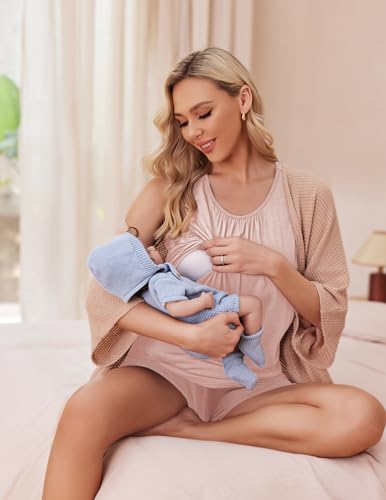 Ekouaer Nursing Pajamas Set Postpartum Tank Tops and Shorts - color: Pink, size: Medium