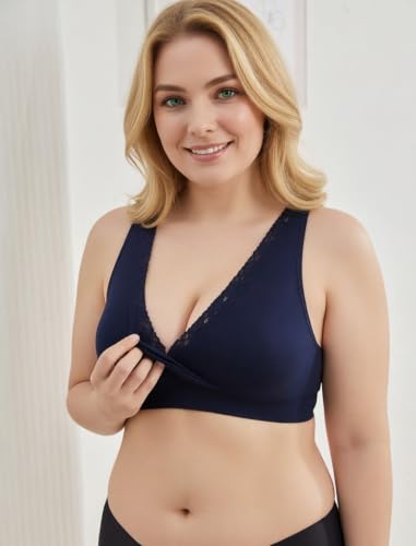 Wireless Cotton Nursing Bra for Sleep& Maternity, Pregnancy Breastfeeding Top, Adjustable Straps, Full Coverage - color: Black+navy Blue+red Wine/3pack, size: Medium