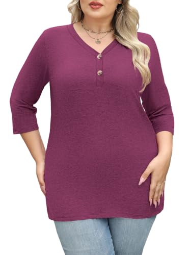 Womens Summer Plus Size 3/4 Length Sleeve Tops Button Down Shirts L-4XL - color: Red, size: Large
