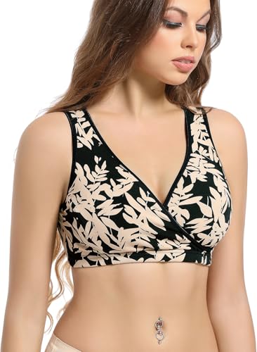 SUIEK 4 Pack Nursing Sleep Bra Maternity Bralette Cotton Breastfeeding Bras - color: Black/Leaf/Dark Grey/Army Green-4pcs, size: Medium