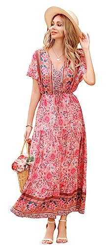 R.Vivimos Womens Summer Boho Floral Print V Neck Flowy Dress - color: Lightpink, size: Medium