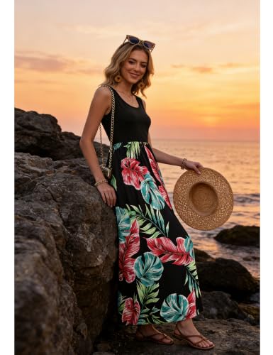 Bluetime Women's Summer Boho Sleeveless Floral Print Tank Long Maxi Dress - color: Pattern 10, size: X-Large